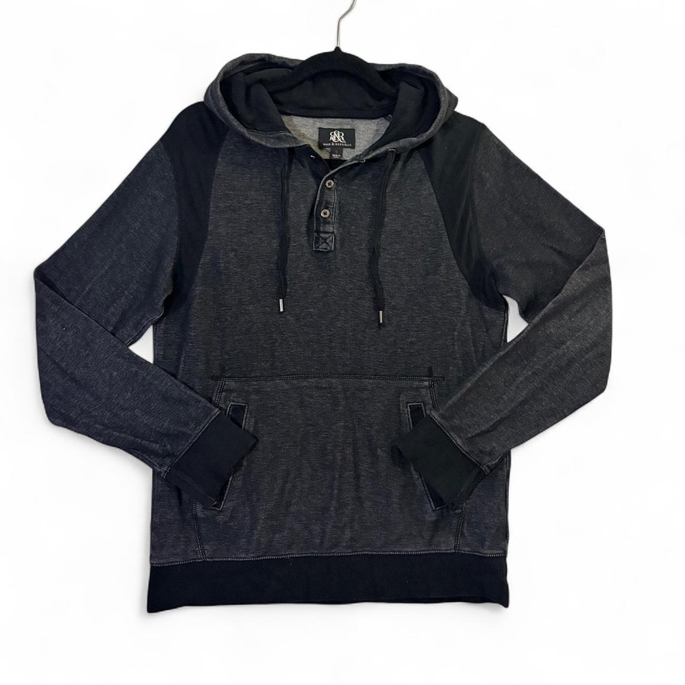 Rock & Republic Mens Hoodie Small Black Gray Henley Pullover Sweatshirt